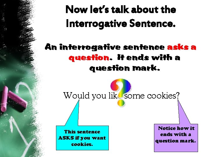 Now let’s talk about the Interrogative Sentence. An interrogative sentence asks a question. It