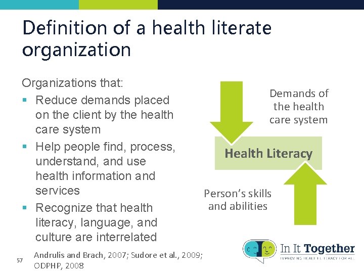 Definition of a health literate organization Organizations that: § Reduce demands placed on the Definition of a health literate organization Organizations that: § Reduce demands placed on the