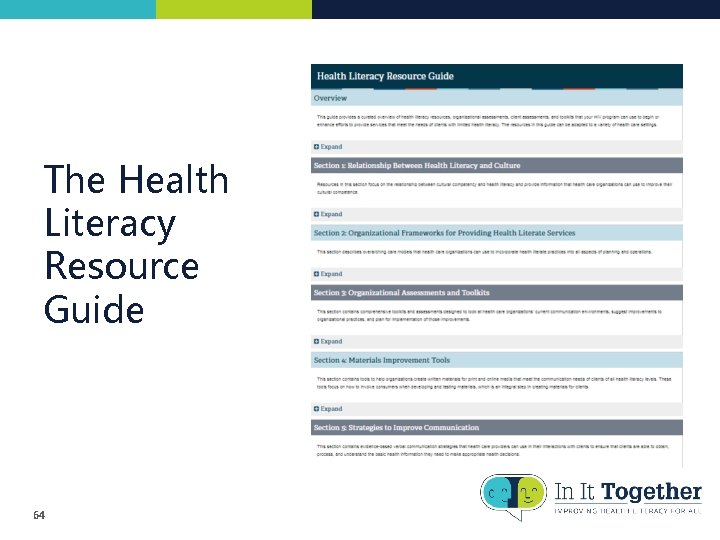 The Health Literacy Resource Guide 64 The Health Literacy Resource Guide 64