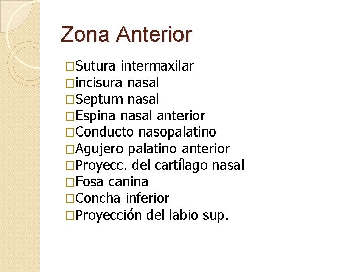 Zona Anterior �Sutura intermaxilar �incisura nasal �Septum nasal �Espina nasal anterior �Conducto nasopalatino �Agujero