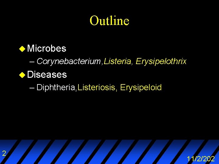 Outline u Microbes – Corynebacterium, Listeria, Erysipelothrix u Diseases – Diphtheria, Listeriosis, Erysipeloid 2