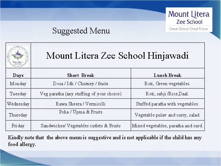 Suggested Menu Mount Litera Zee School Hinjawadi Days Short Break Lunch Break Monday Dosa