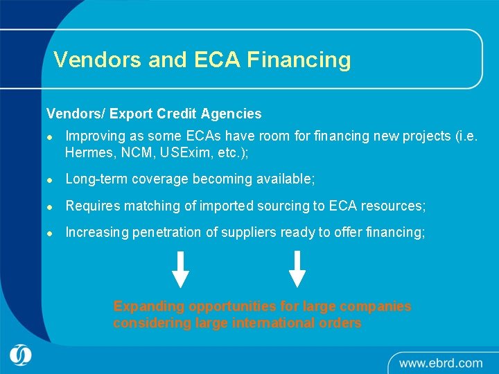 Vendors and ECA Financing Vendors/ Export Credit Agencies l Improving as some ECAs have Vendors and ECA Financing Vendors/ Export Credit Agencies l Improving as some ECAs have