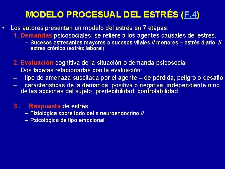 MODELO PROCESUAL DEL ESTRÉS (F. 4) • Los autores presentan un modelo del estrés