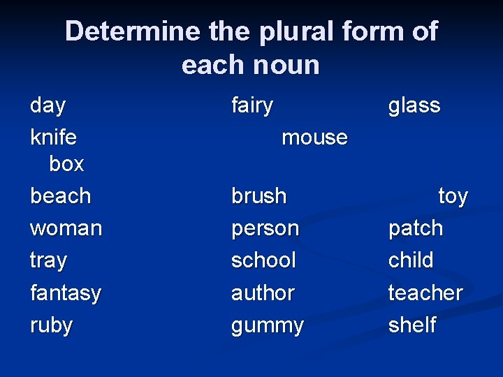 Determine the plural form of each noun day knife box beach woman tray fantasy