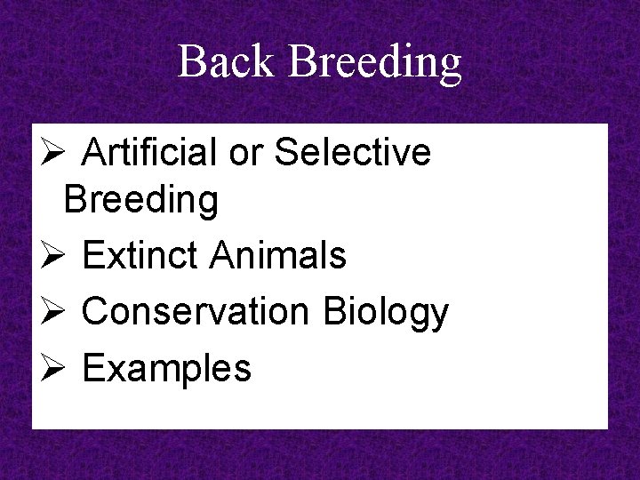 Back Breeding Ø Artificial or Selective Breeding Ø Extinct Animals Ø Conservation Biology Ø