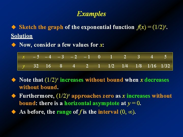 Examples u Sketch the graph of the exponential function f(x) = (1/2)x. Solution u