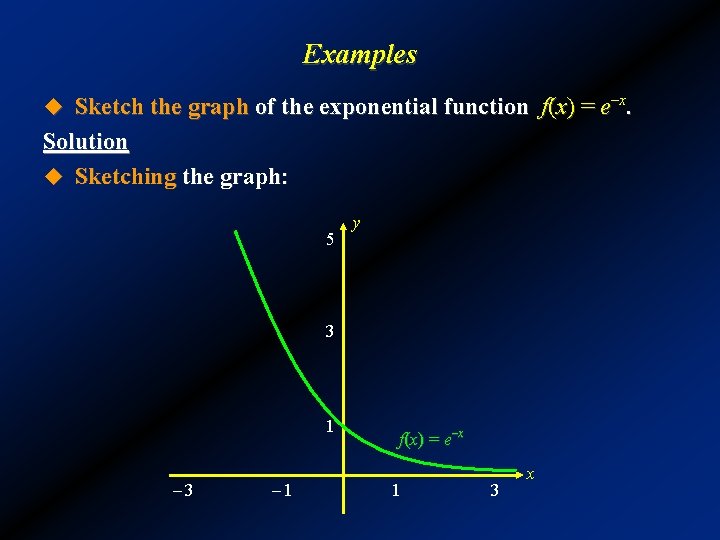 Examples u Sketch the graph of the exponential function f(x) = e–x. Solution u