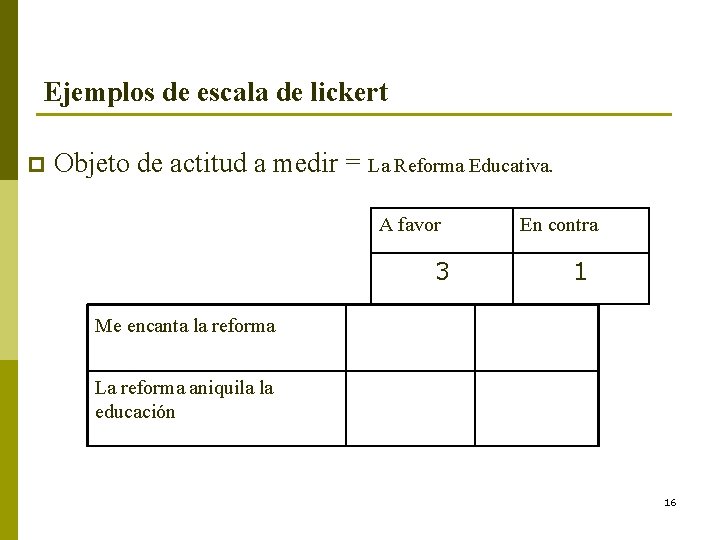 Ejemplos de escala de lickert p Objeto de actitud a medir = La Reforma Ejemplos de escala de lickert p Objeto de actitud a medir = La Reforma