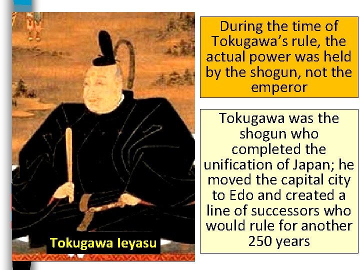 During the time of Tokugawa’s rule, the actual power was held by the shogun,