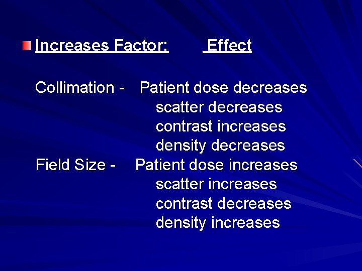 Increases Factor: Effect Collimation - Patient dose decreases scatter decreases contrast increases density decreases