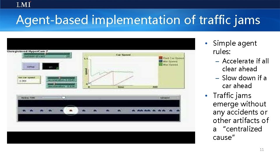 Agent-based implementation of traffic jams • Simple agent rules: – Accelerate if all clear