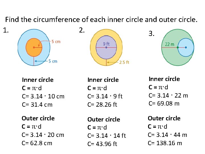 Find the circumference of each inner circle and outer circle. 1. 2. 3. Inner