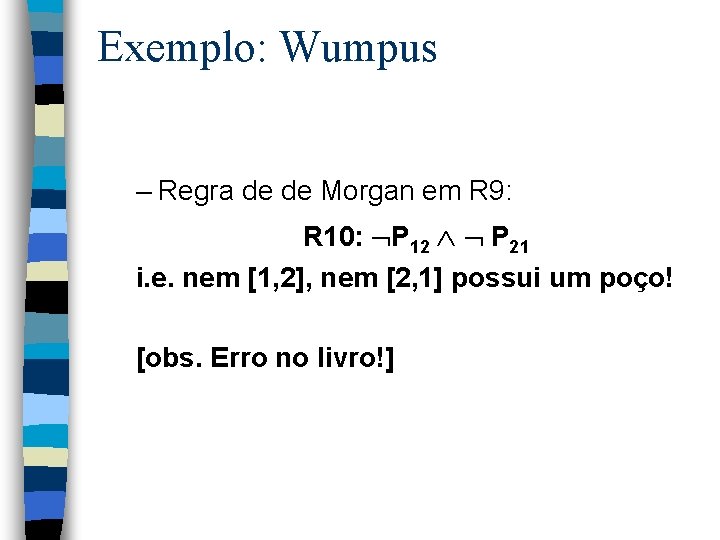 Exemplo: Wumpus – Regra de de Morgan em R 9: R 10: P 12