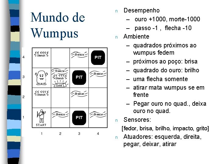 Mundo de Wumpus n n n Desempenho – ouro +1000, morte-1000 – passo -1