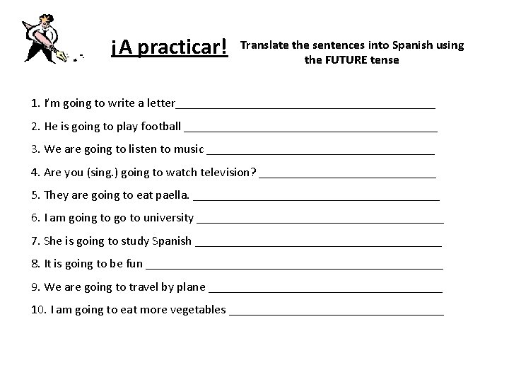 ¡A practicar! Translate the sentences into Spanish using the FUTURE tense 1. I’m going