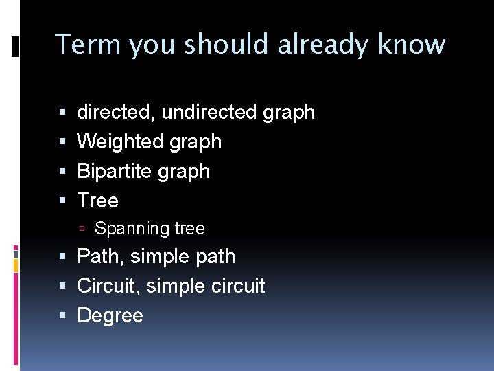 Term you should already know directed, undirected graph Weighted graph Bipartite graph Tree Spanning