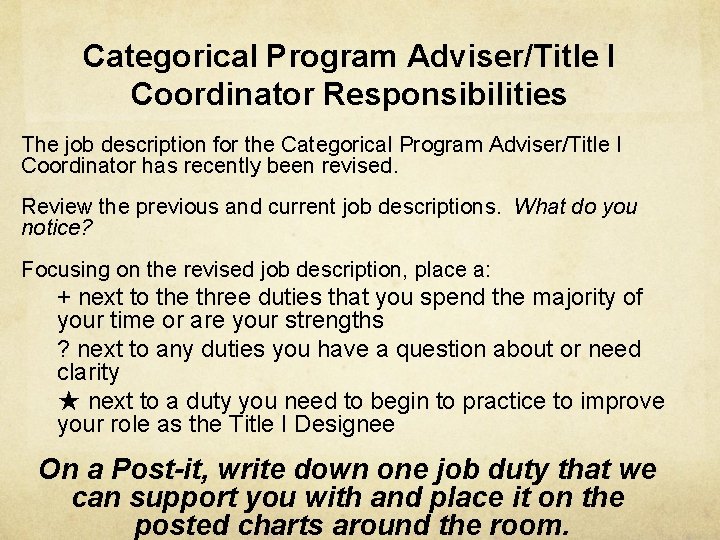 Categorical Program Adviser/Title I Coordinator Responsibilities The job description for the Categorical Program Adviser/Title