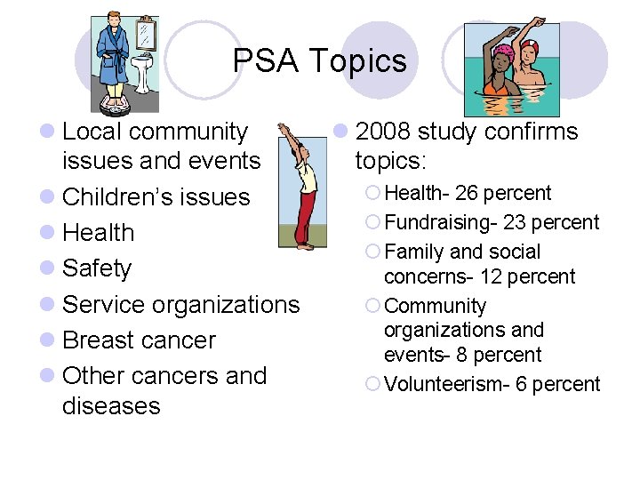 PSA Topics l Local community issues and events l Children’s issues l Health l