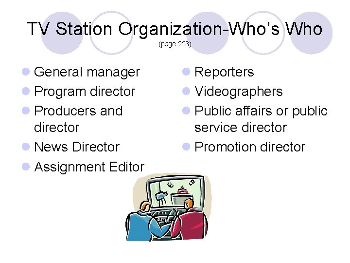 TV Station Organization-Who’s Who (page 223) l General manager l Program director l Producers