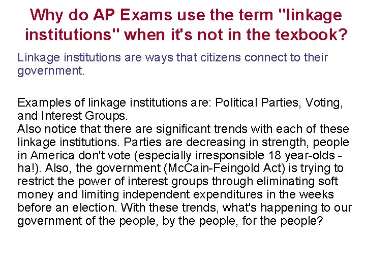 Why do AP Exams use the term "linkage institutions" when it's not in the