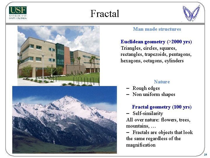 Fractal Man made structures Euclidean geometry (>2000 yrs) Triangles, circles, squares, rectangles, trapezoids, pentagons,