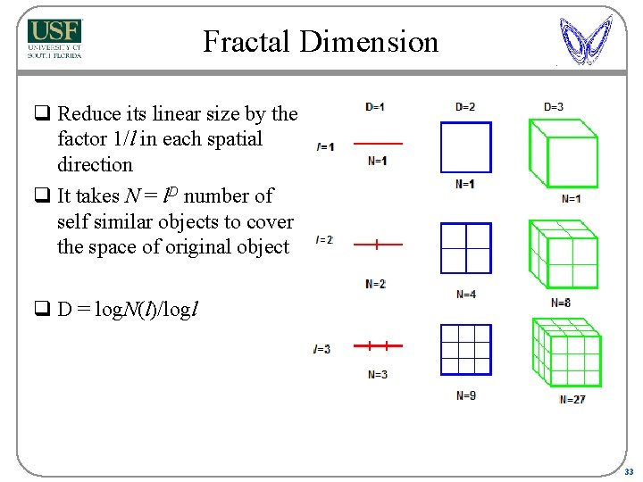 Fractal Dimension q Reduce its linear size by the factor 1/l in each spatial