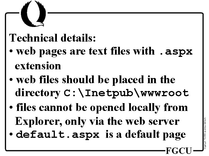 Technical details: • web pages are text files with. aspx extension • web files