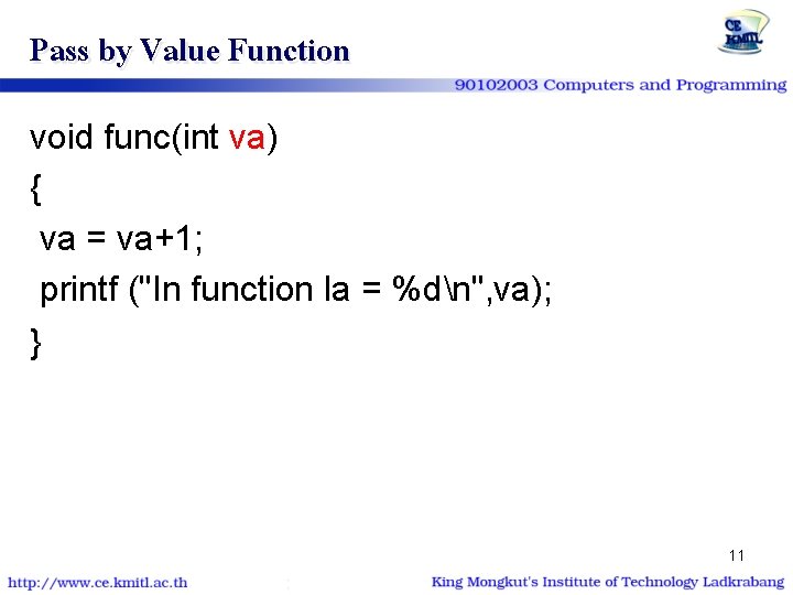 Pass by Value Function void func(int va) { va = va+1; printf ("In function