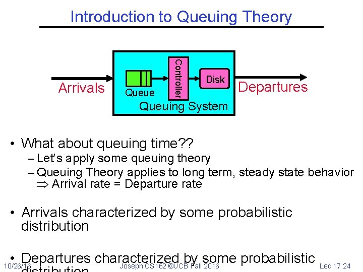 Introduction to Queuing Theory Queue Controller Arrivals Disk Departures Queuing System • What about