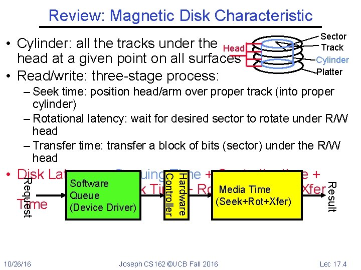 Review: Magnetic Disk Characteristic • Cylinder: all the tracks under the Head head at