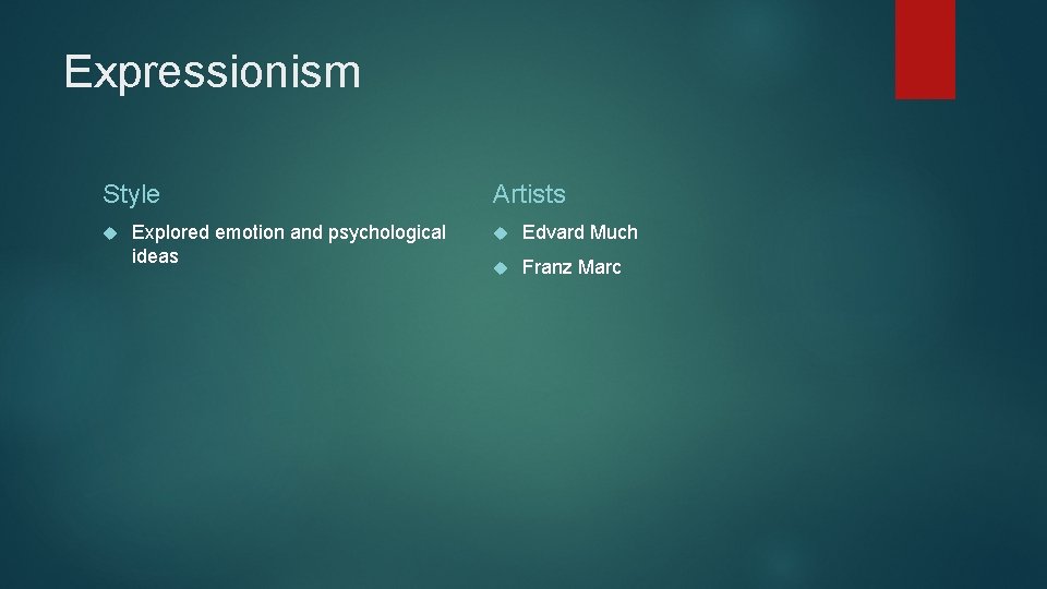 Expressionism Style Explored emotion and psychological ideas Artists Edvard Much Franz Marc 