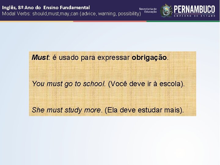 Inglês, 8º Ano do Ensino Fundamental Modal Verbs: should, must, may, can (advice, warning,