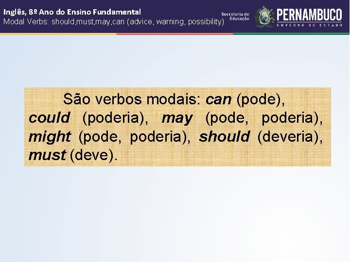 Inglês, 8º Ano do Ensino Fundamental Modal Verbs: should, must, may, can (advice, warning,