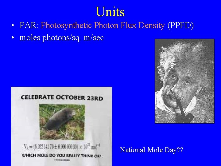 Units • PAR: Photosynthetic Photon Flux Density (PPFD) • moles photons/sq. m/sec National Mole