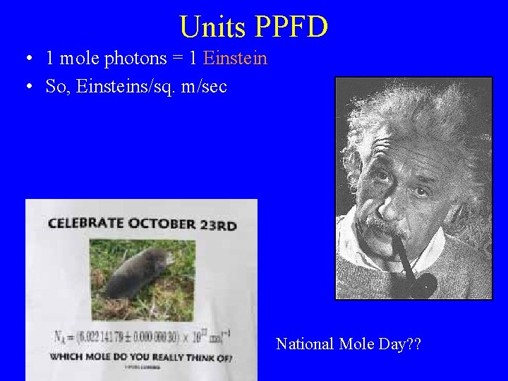 Units PPFD • 1 mole photons = 1 Einstein • So, Einsteins/sq. m/sec National