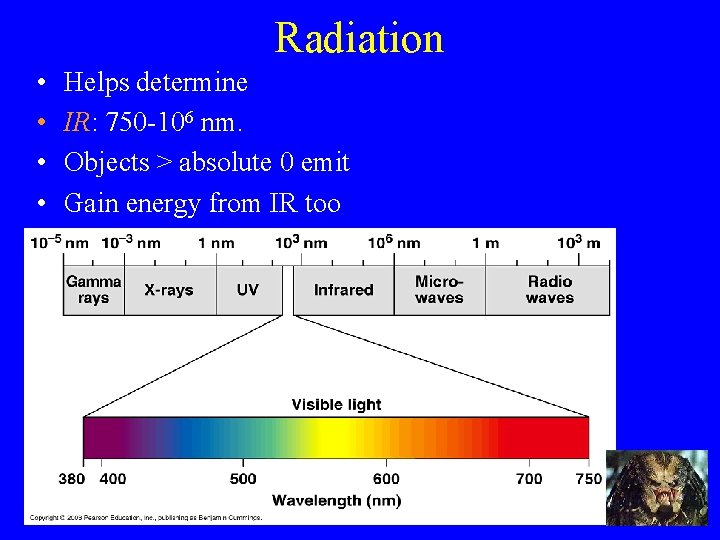 Radiation • • Helps determine IR: 750 -106 nm. Objects > absolute 0 emit