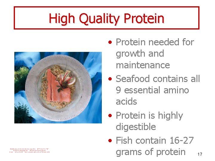 High Quality Protein • Protein needed for growth and maintenance • Seafood contains all