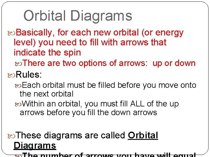 Orbital Diagrams Basically, for each new orbital (or energy level) you need to fill