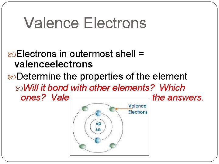 Valence Electrons in outermost shell = valenceelectrons Determine the properties of the element Will