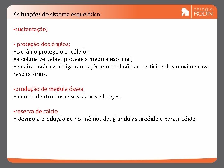 As funções do sistema esquelético -sustentação; - proteção dos órgãos; • o crânio protege