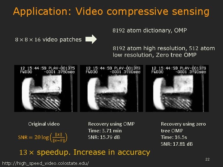 Application: Video compressive sensing Original video Recovery using OMP Time: 3. 71 min SNR: