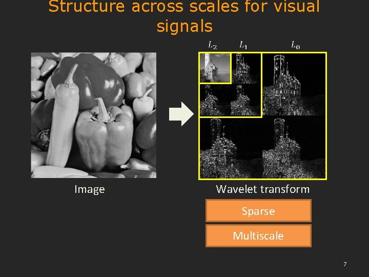 Structure across scales for visual signals Image Wavelet transform Sparse Multiscale 7 