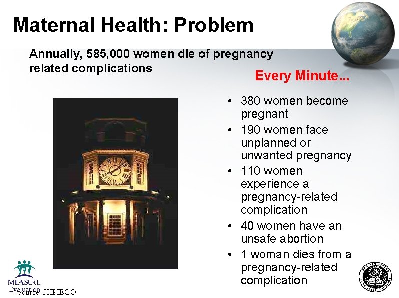 Maternal Health: Problem Annually, 585, 000 women die of pregnancy related complications Every Minute.