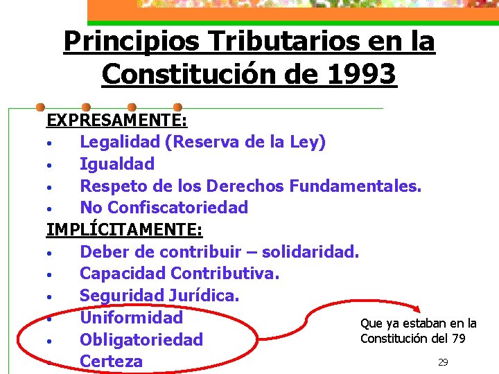 Principios Tributarios en la Constitución de 1993 EXPRESAMENTE: • Legalidad (Reserva de la Ley)