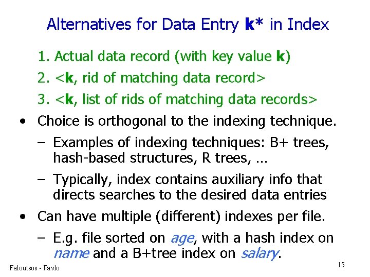 Alternatives for Data Entry k* in Index 1. Actual data record (with key value