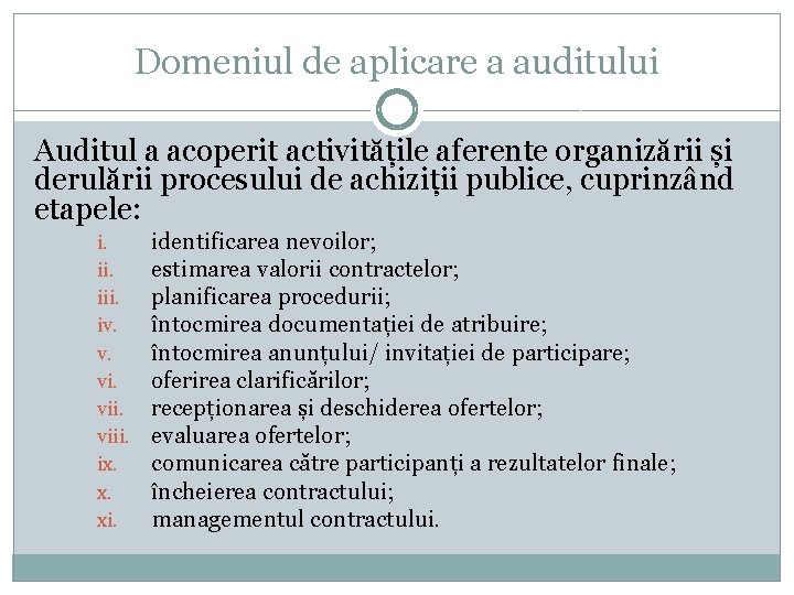 Domeniul de aplicare a auditului Auditul a acoperit activitățile aferente organizării și derulării procesului