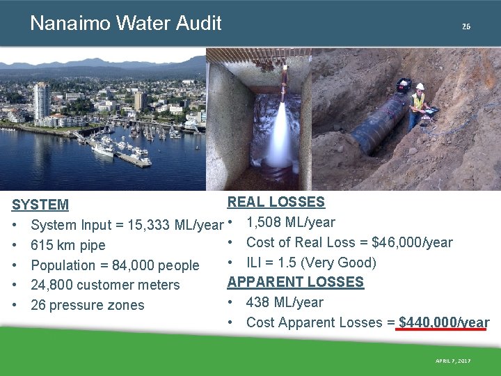 Nanaimo Water Audit 26 REAL LOSSES SYSTEM • System Input = 15, 333 ML/year Nanaimo Water Audit 26 REAL LOSSES SYSTEM • System Input = 15, 333 ML/year