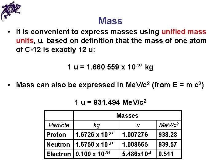 Mass • It is convenient to express masses using unified mass units, u, based