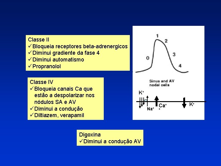 Classe II üBloqueia receptores beta-adrenergicos üDiminui gradiente da fase 4 üDiminui automatismo üPropranolol Classe